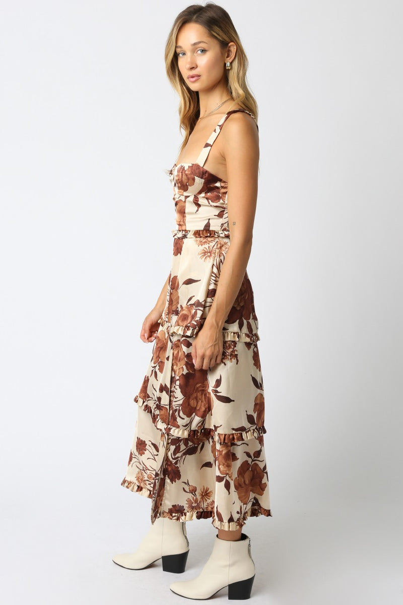 Blair Floral Tiered Satin Dress, Coffee Cream Brown