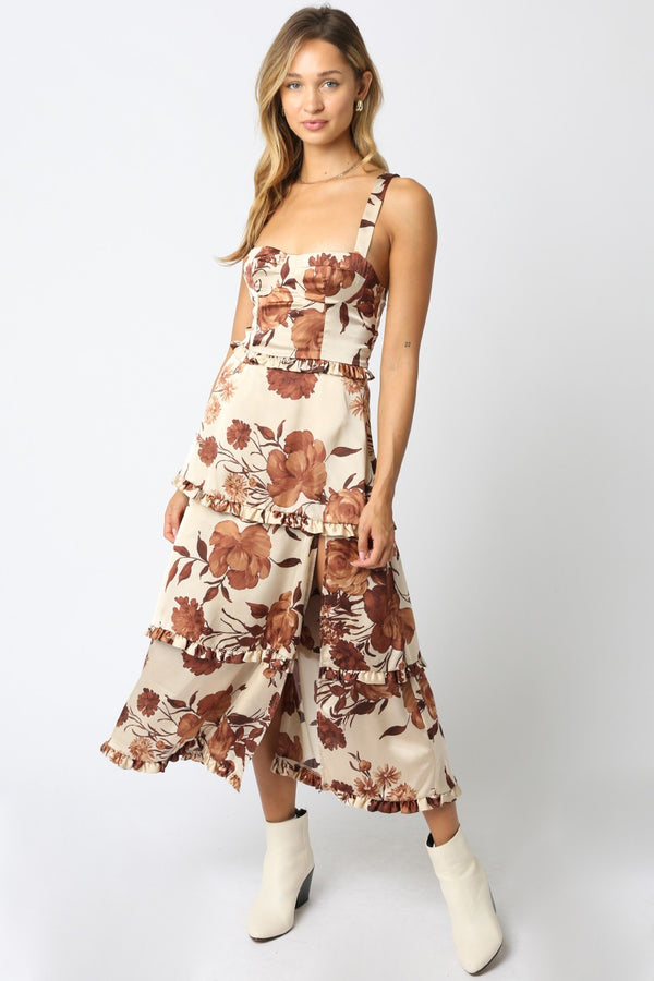 Blair Floral Tiered Satin Dress, Coffee Cream Brown