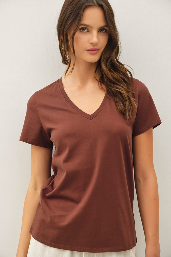 Tatum Cotton Jersey V-Neck Tee, Choco