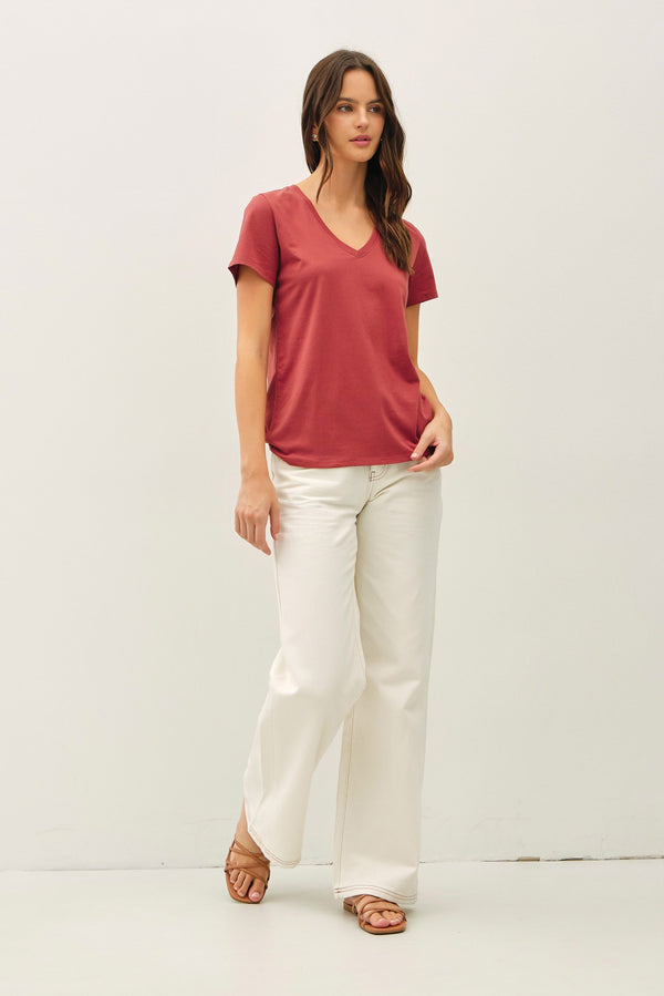 Tatum Cotton Jersey V-Neck Tee, Chili Oil