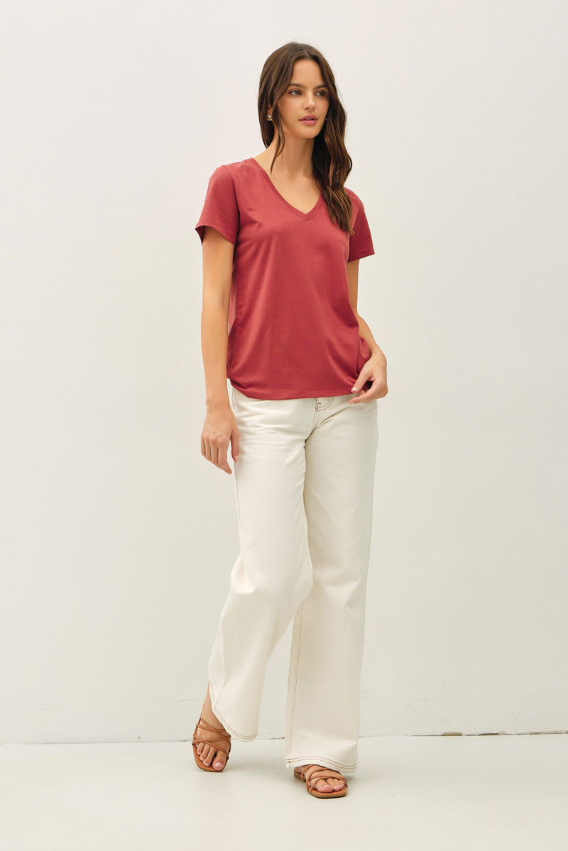 Tatum Cotton Jersey V-Neck Tee, Chili Oil