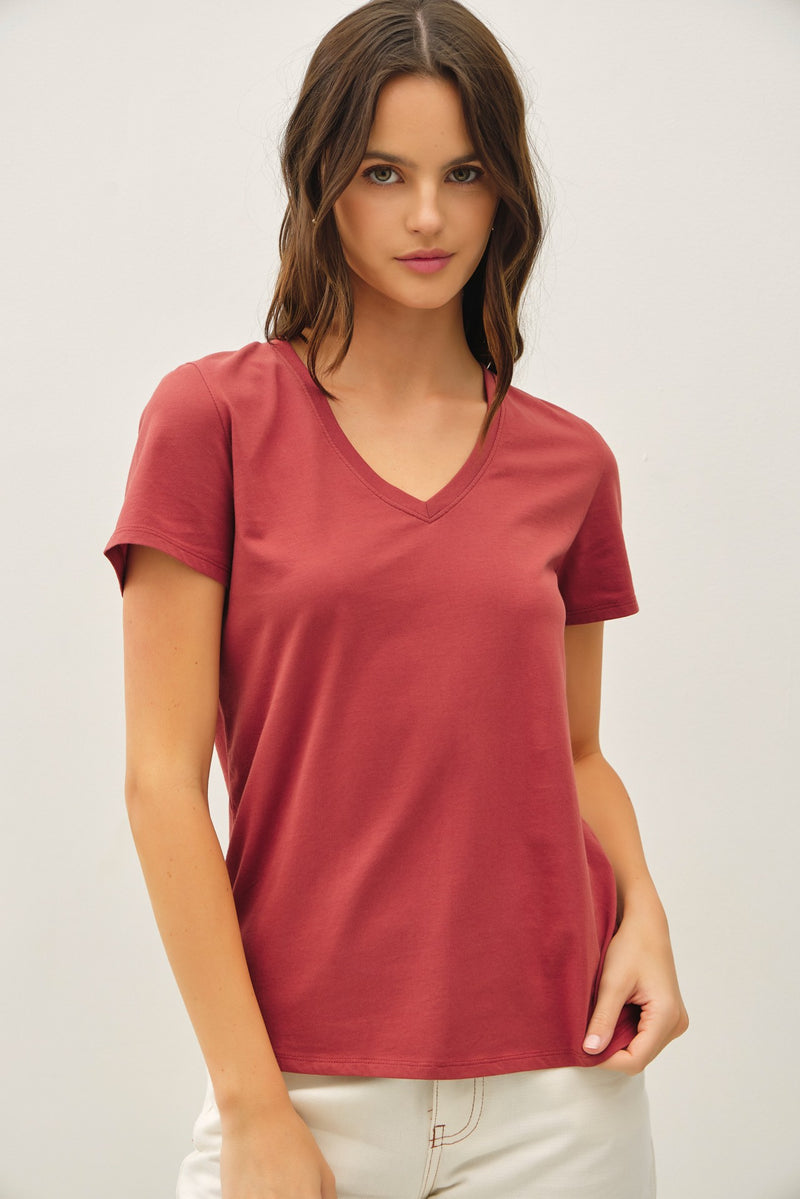 Tatum Cotton Jersey V-Neck Tee, Chili Oil