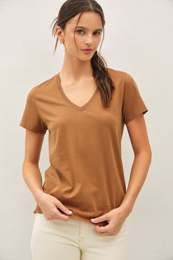Tatum Cotton Jersey V-Neck Tee, Bronze Brown