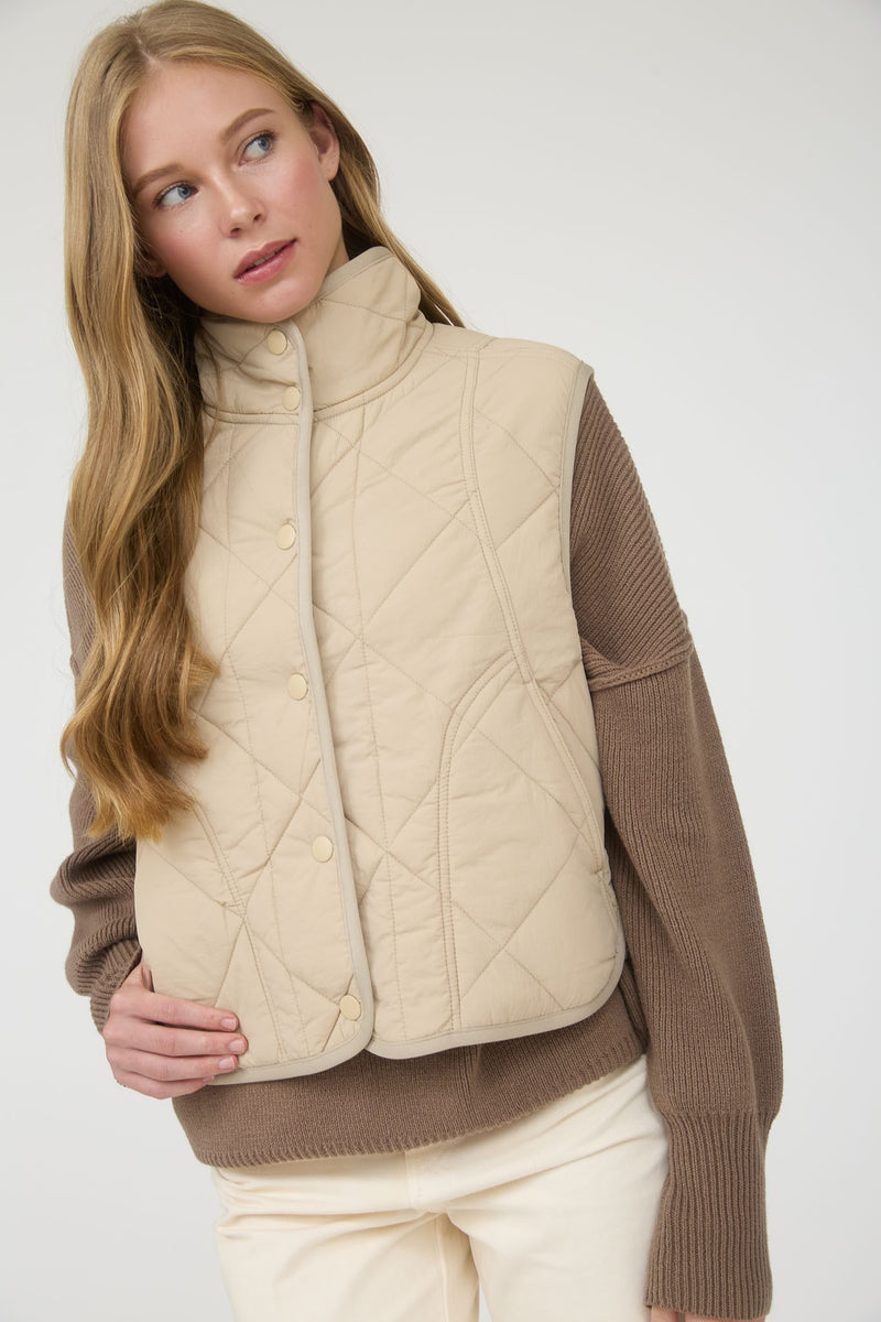 Sara Snap Button Quilted Vest, Khaki