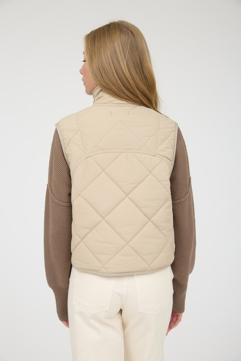 Sara Snap Button Quilted Vest, Khaki