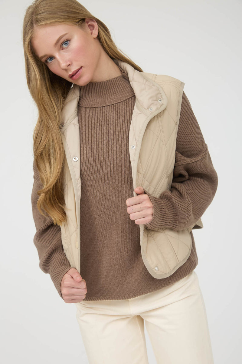 Sara Snap Button Quilted Vest, Khaki