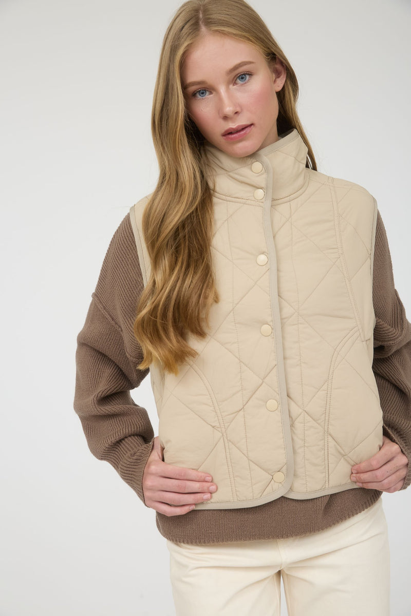 Sara Snap Button Quilted Vest, Khaki