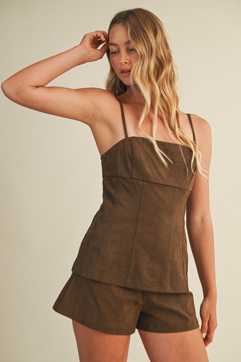 Autumn Square Neck Suede Top, Dark Oak