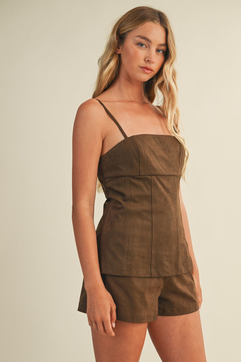 Autumn Square Neck Suede Top, Dark Oak