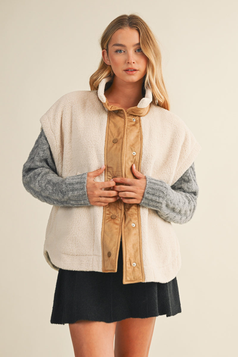 Jasmine Fleece Suede Contrast Vest, Ecru