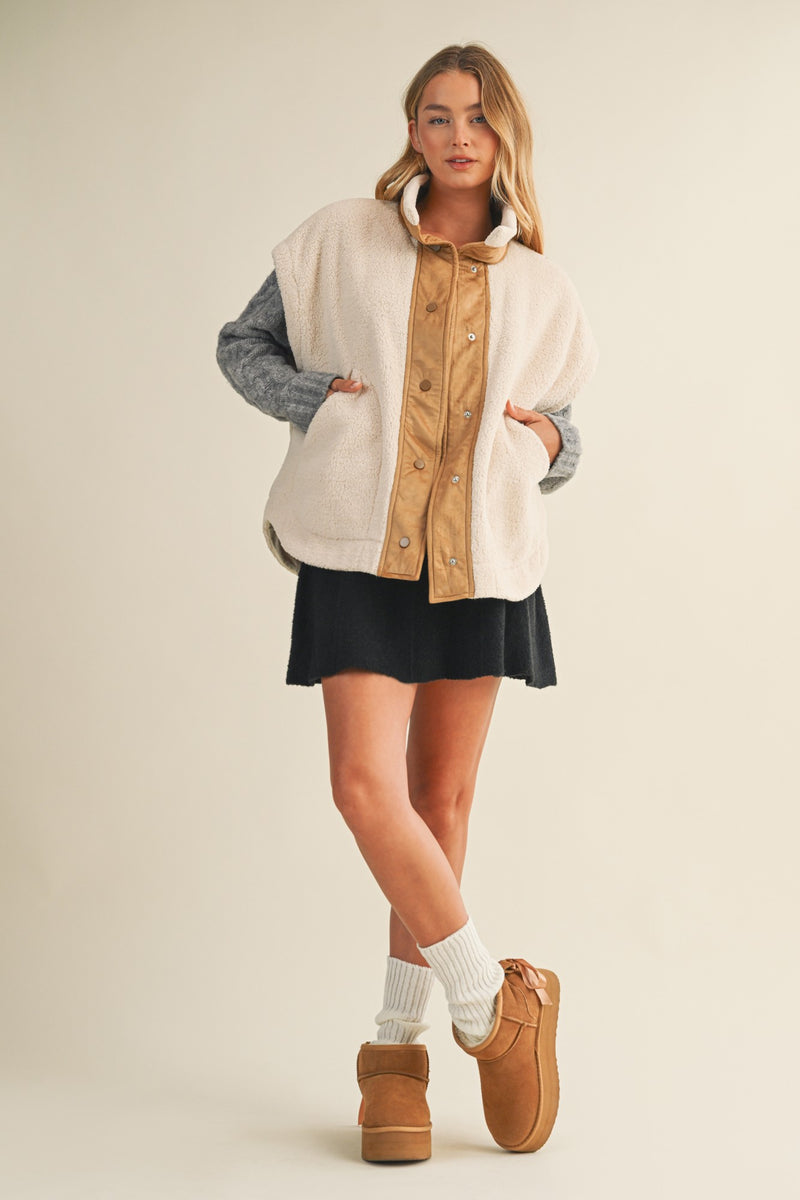 Jasmine Fleece Suede Contrast Vest, Ecru