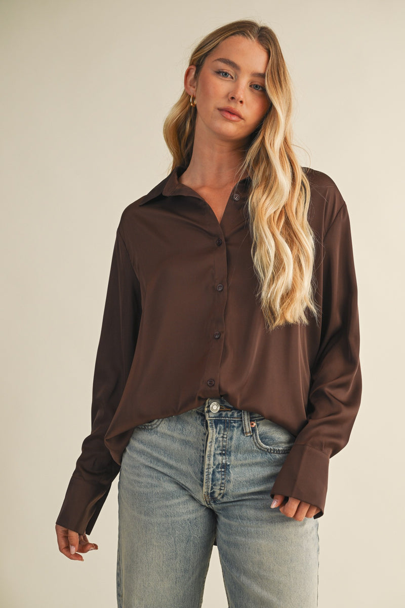Valentina Silky Button Down Top, Dark Oak