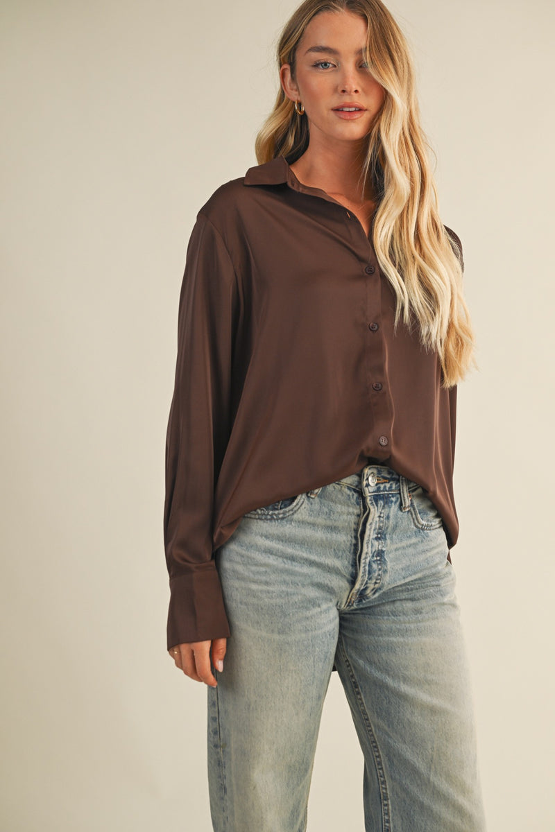 Valentina Silky Button Down Top, Dark Oak