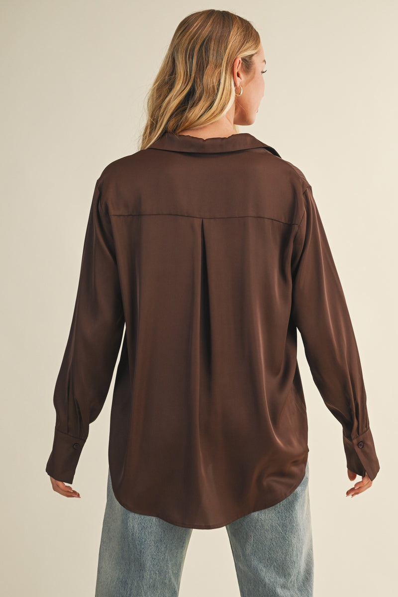 Valentina Silky Button Down Top, Dark Oak