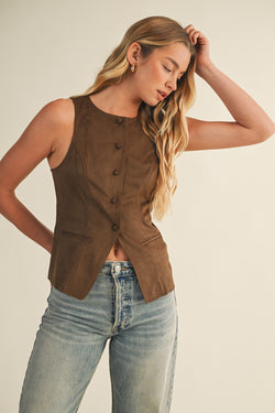 Liliana Button Front Suede Vest, Dark Oak
