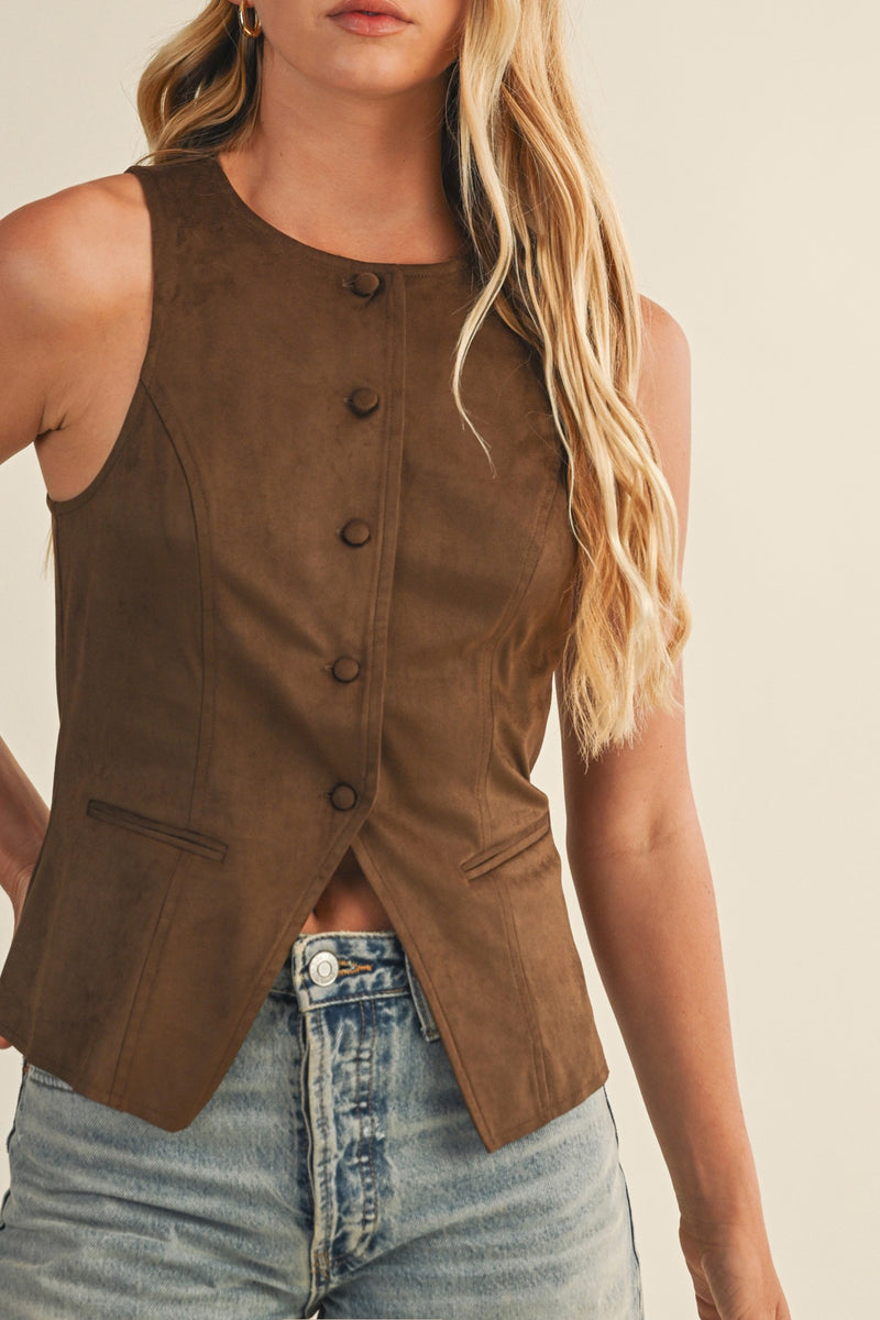 Liliana Button Front Suede Vest, Dark Oak