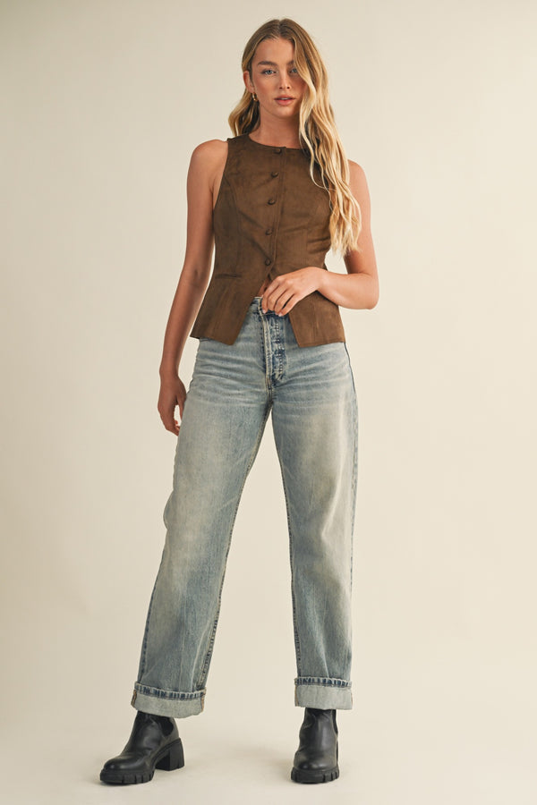 Liliana Button Front Suede Vest, Dark Oak