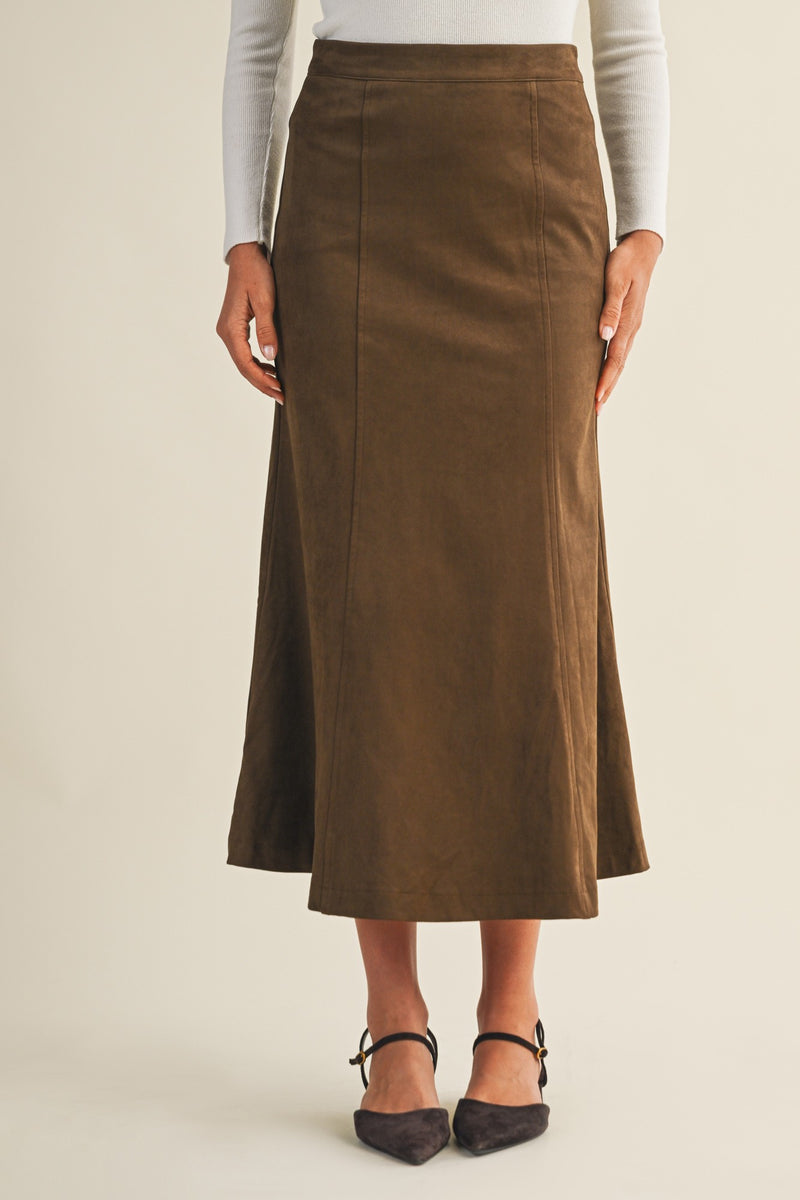 Madison Suede Gore Hem Skirt, Dark Oak