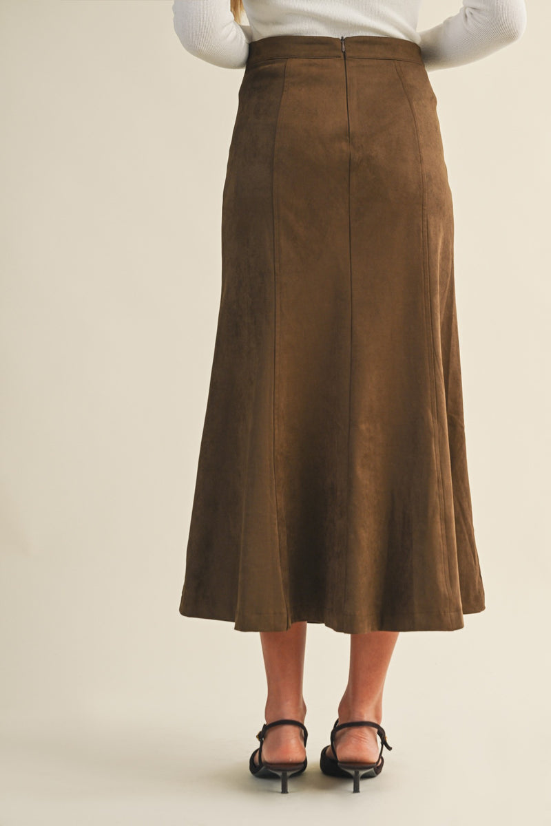 Madison Suede Gore Hem Skirt, Dark Oak