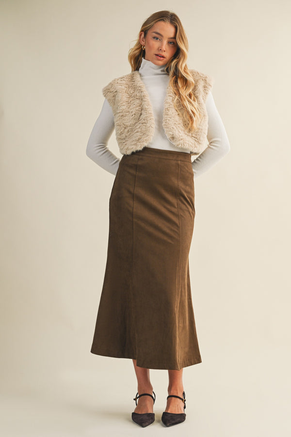 Madison Suede Gore Hem Skirt, Dark Oak