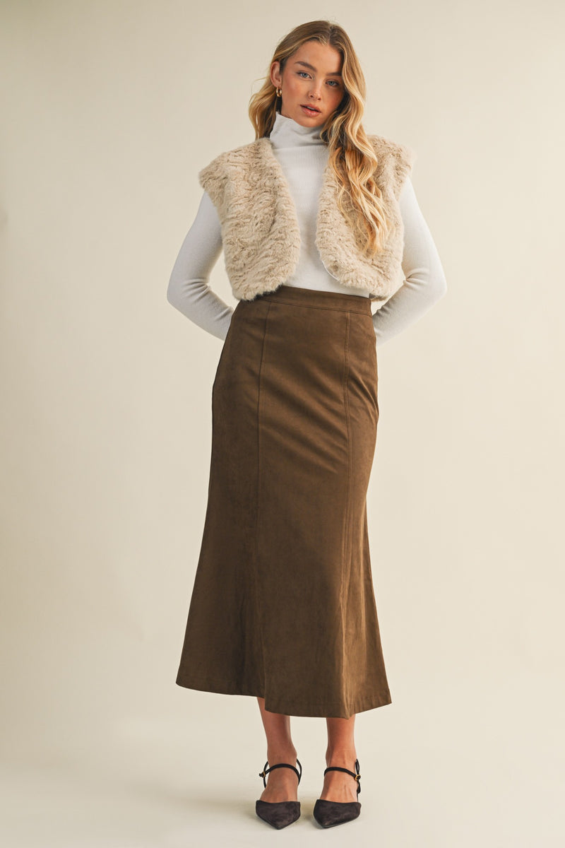 Madison Suede Gore Hem Skirt, Dark Oak