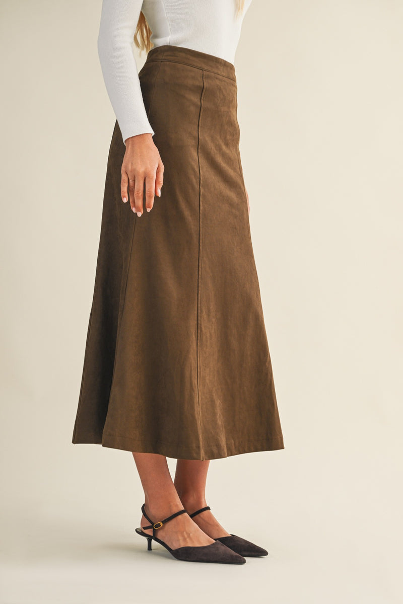 Madison Suede Gore Hem Skirt, Dark Oak