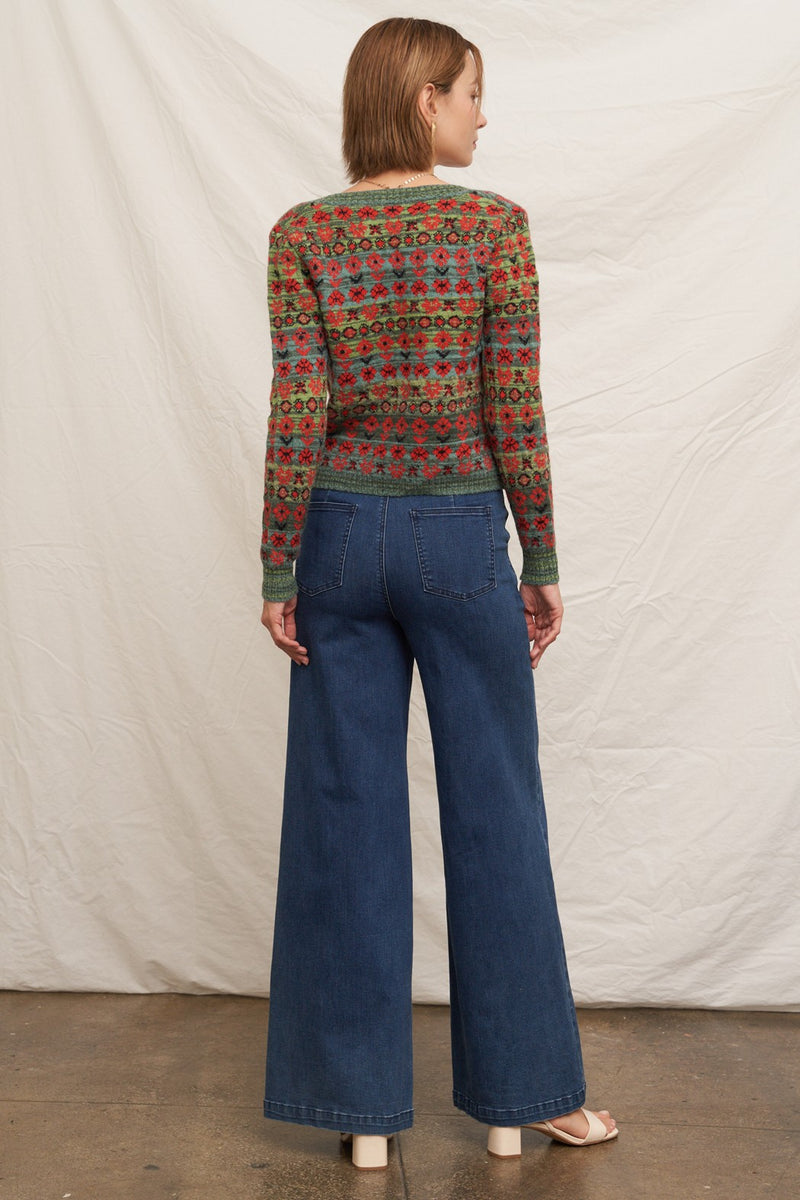 Sadie Sweetheart Neckline Sweater Cardigan, Green Multi