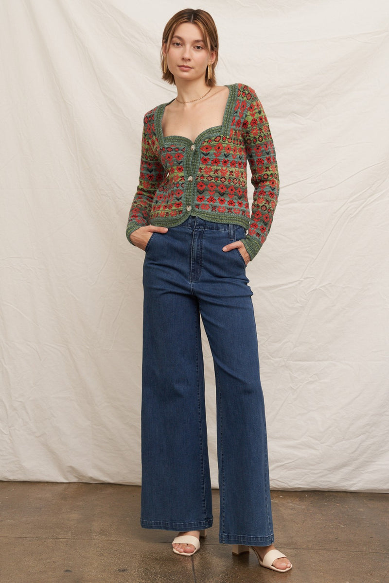 Sadie Sweetheart Neckline Sweater Cardigan, Green Multi