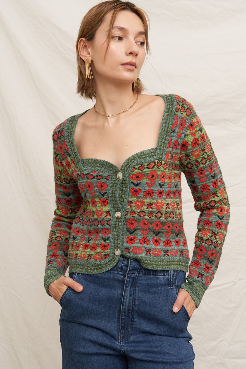 Sadie Sweetheart Neckline Sweater Cardigan, Green Multi