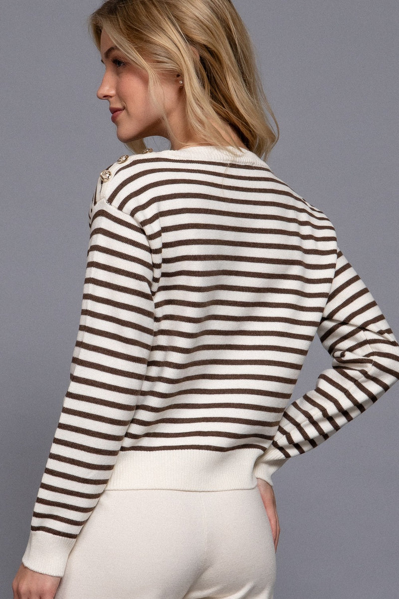 Eloise Buttoned Shoulder Sweater, Cream/Brown