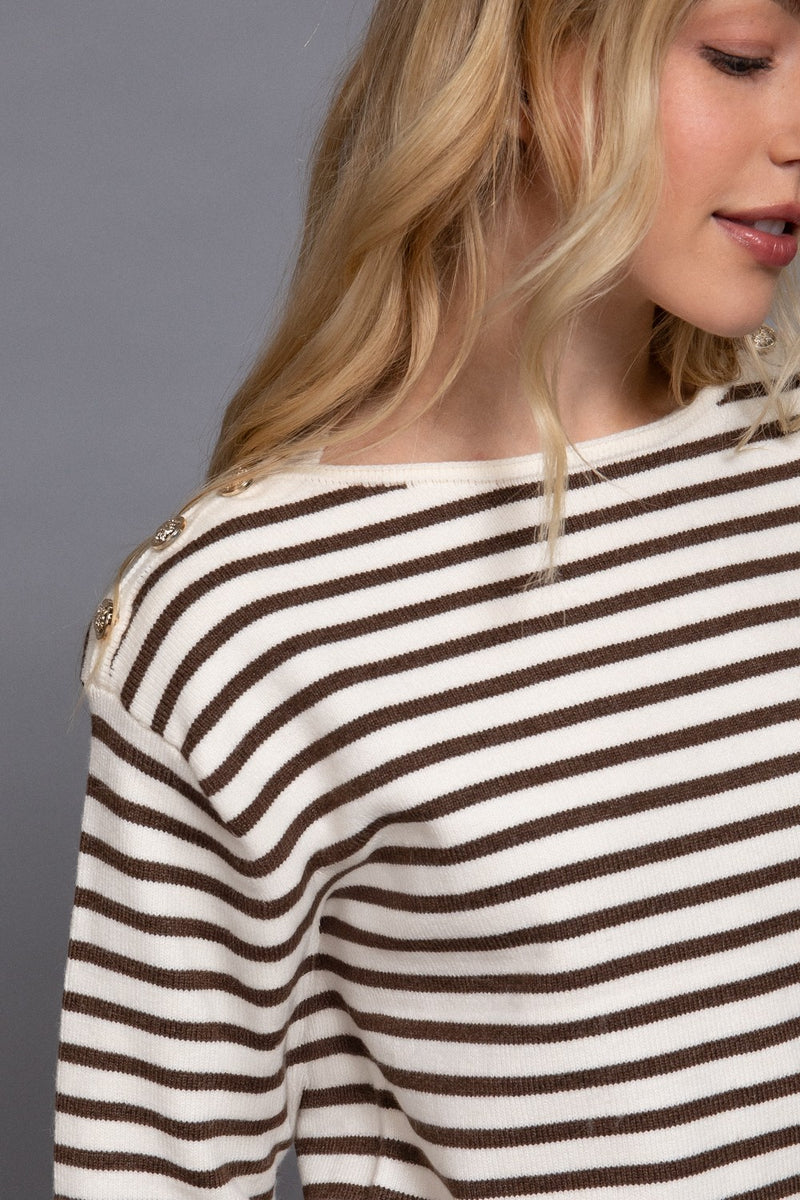 Eloise Buttoned Shoulder Sweater, Cream/Brown