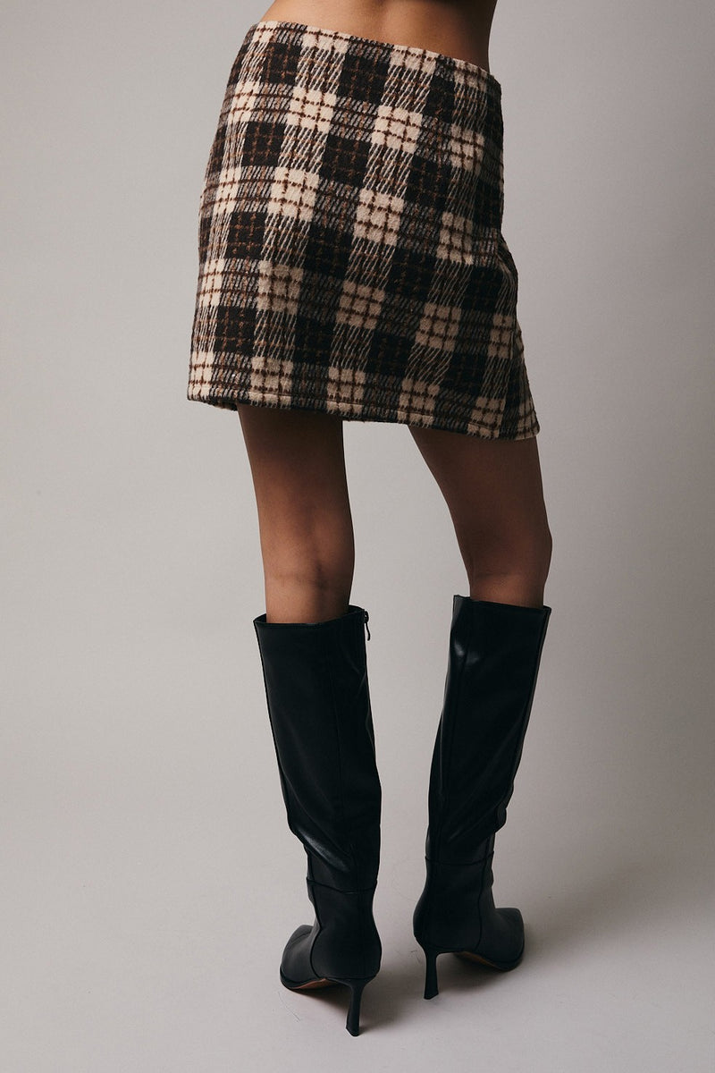 Shannon Plaid Mini Skirt, Taupe-Brown Plaid