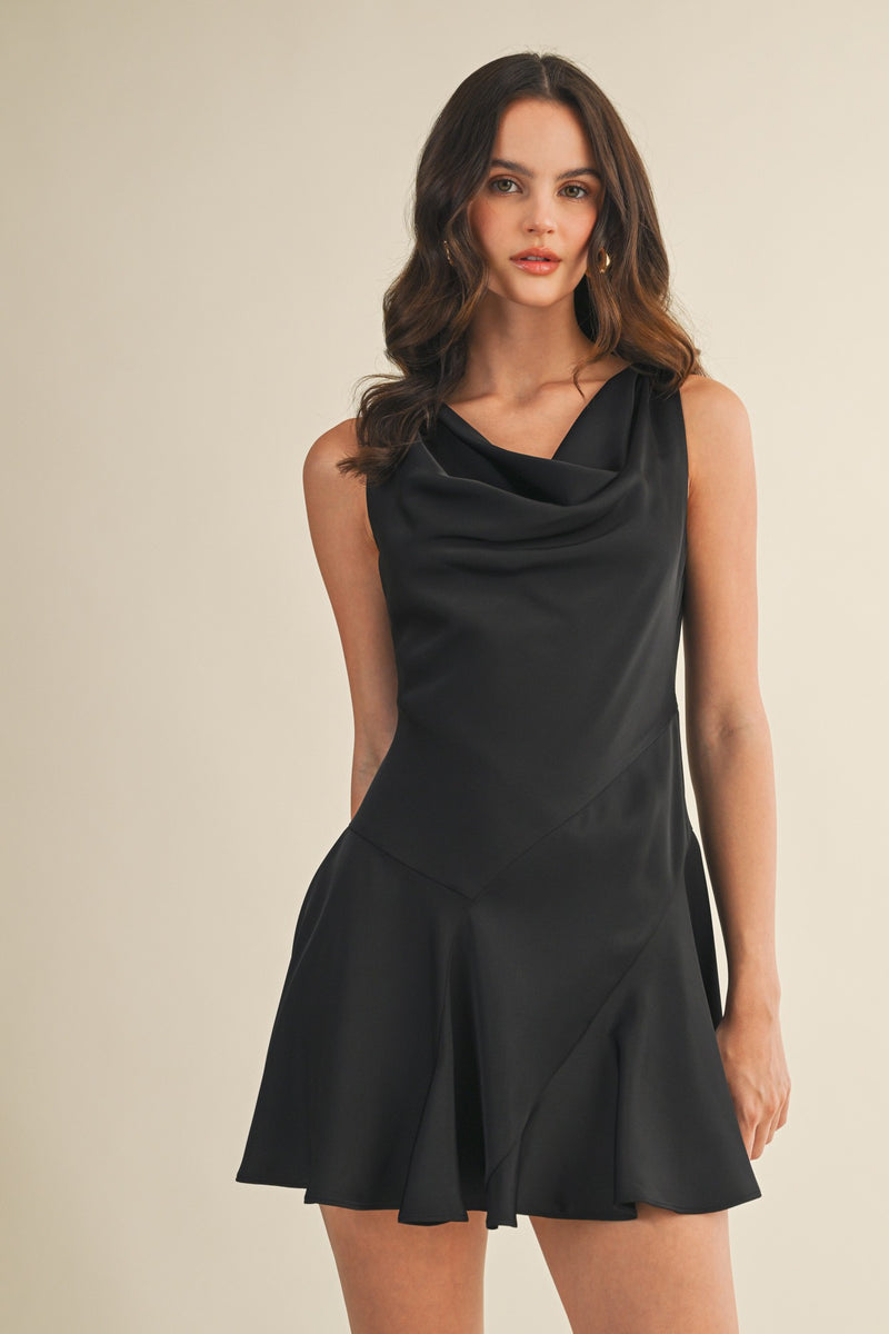 Mackenzie Cowl Neck Satin Dress, Black
