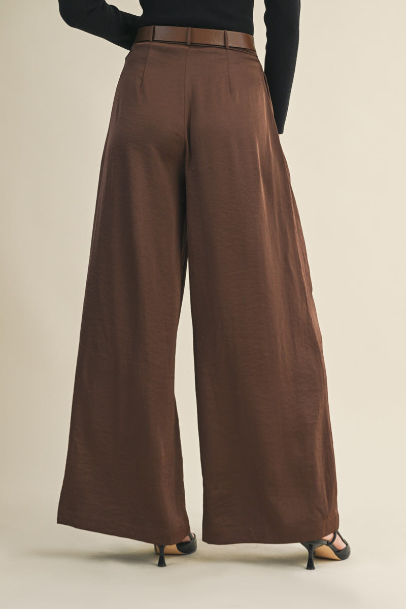 Honey Satin Wide Leg Pant, Dark Brown