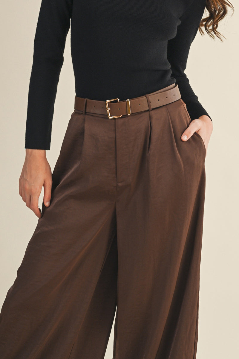 Honey Satin Wide Leg Pant, Dark Brown