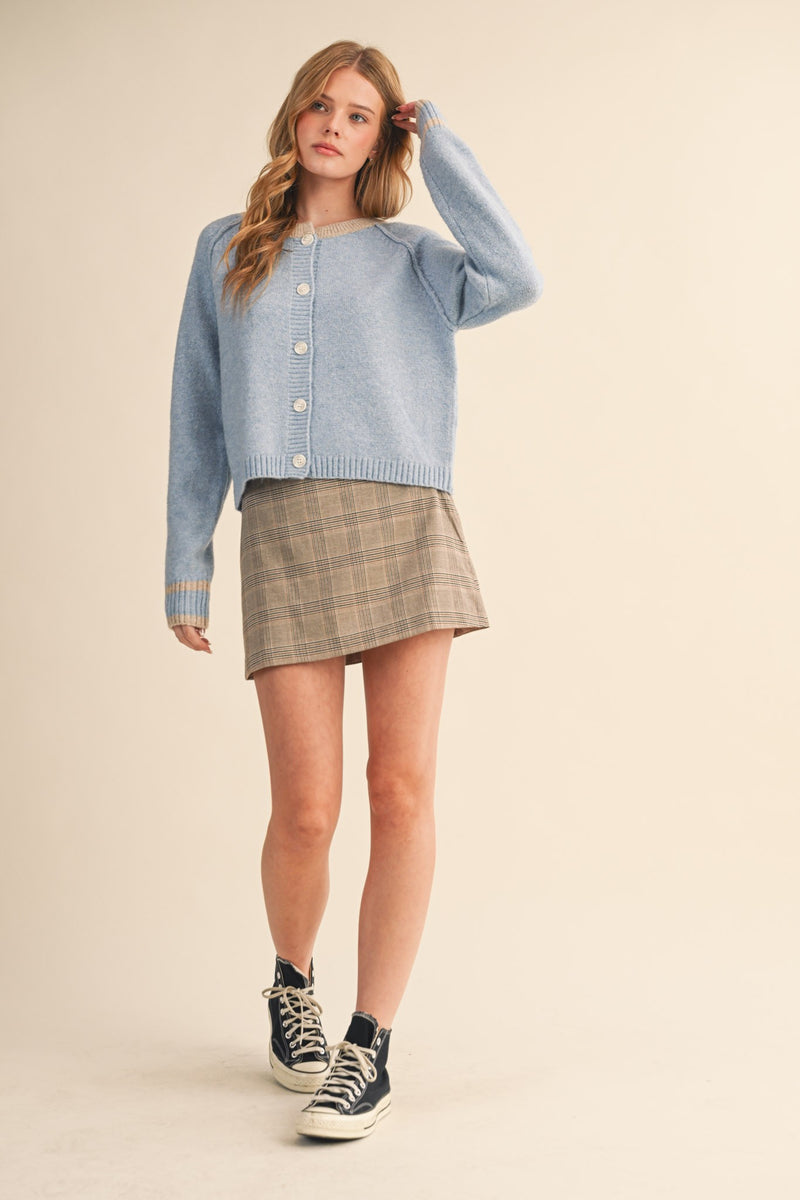 Amelia Sweater Cardigan, Sky Blue Taupe