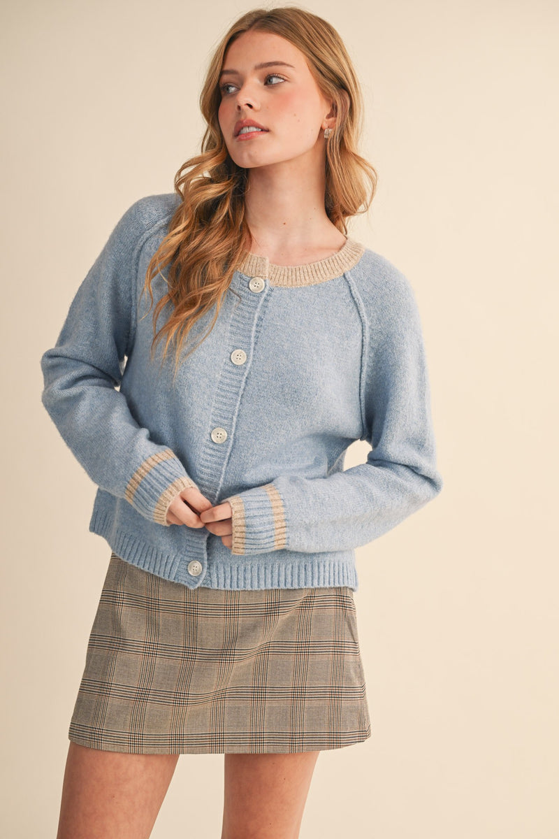 Amelia Sweater Cardigan, Sky Blue Taupe