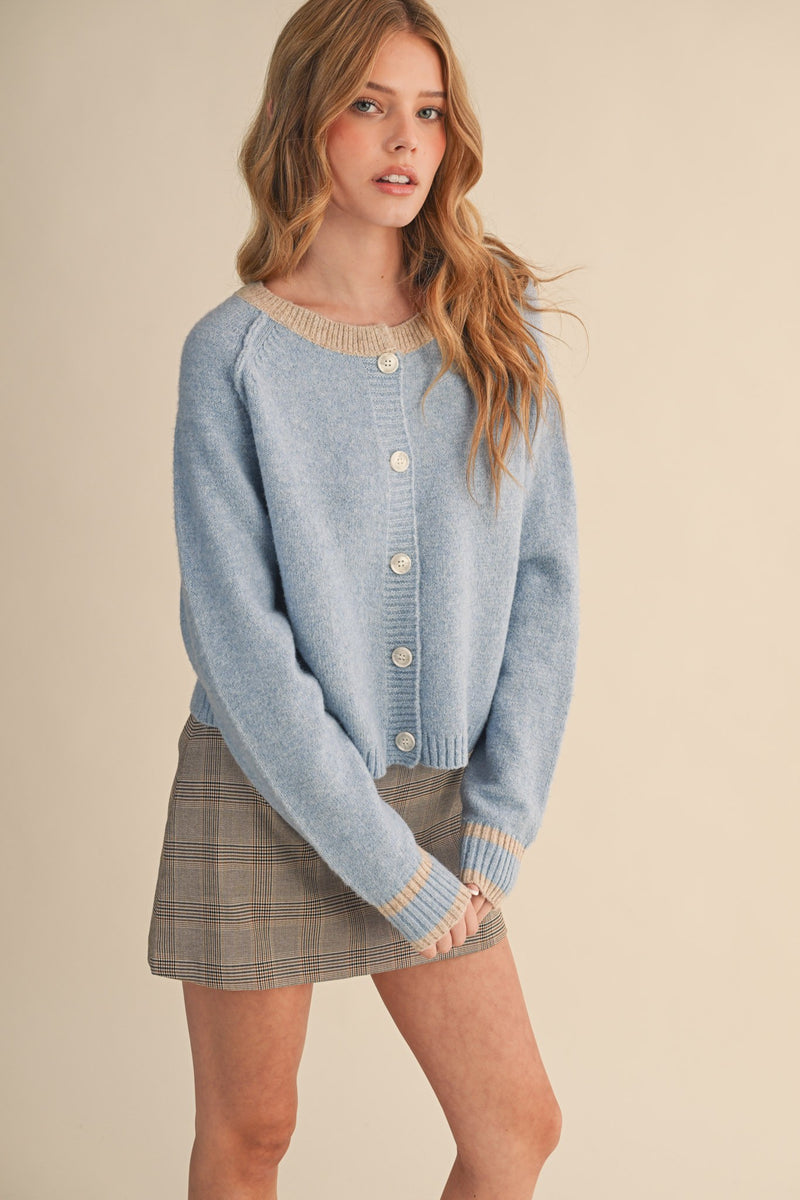 Amelia Sweater Cardigan, Sky Blue Taupe