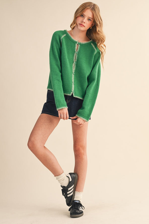 Ainsley Blanket Stitch Cardigan, Green Ivory