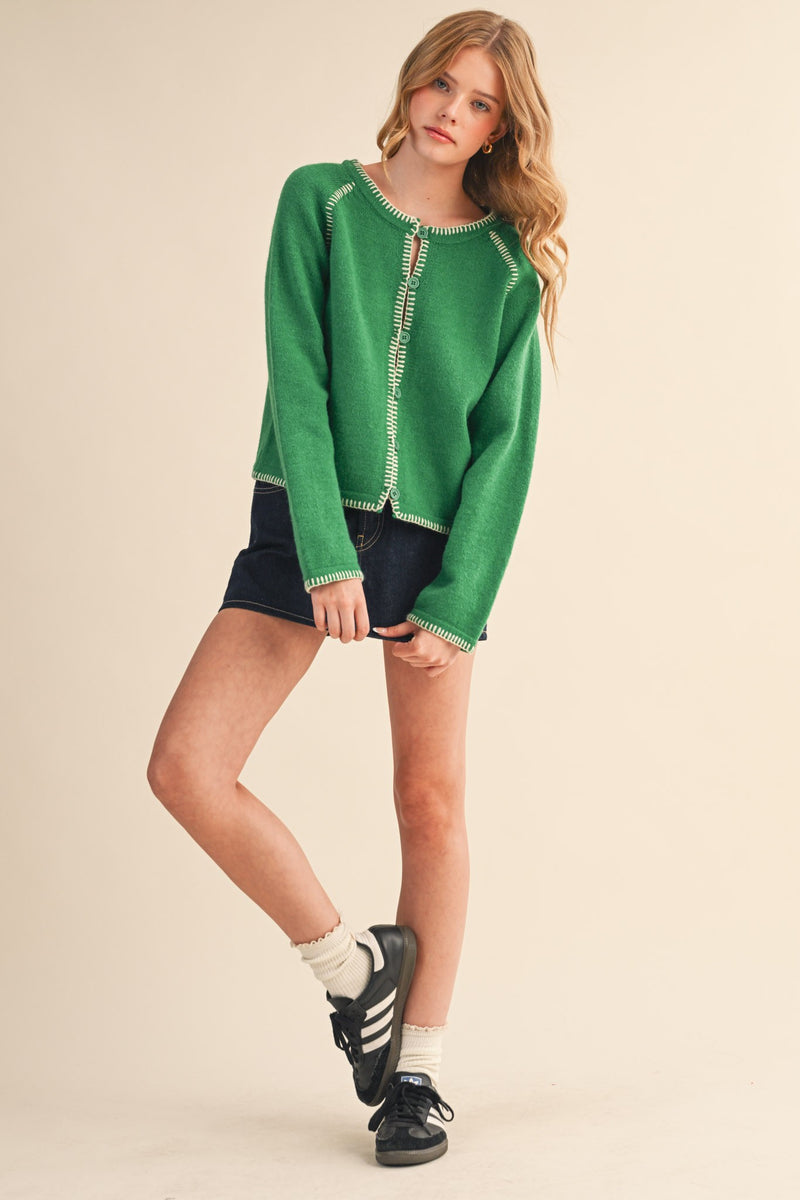 Ainsley Blanket Stitch Cardigan, Green Ivory