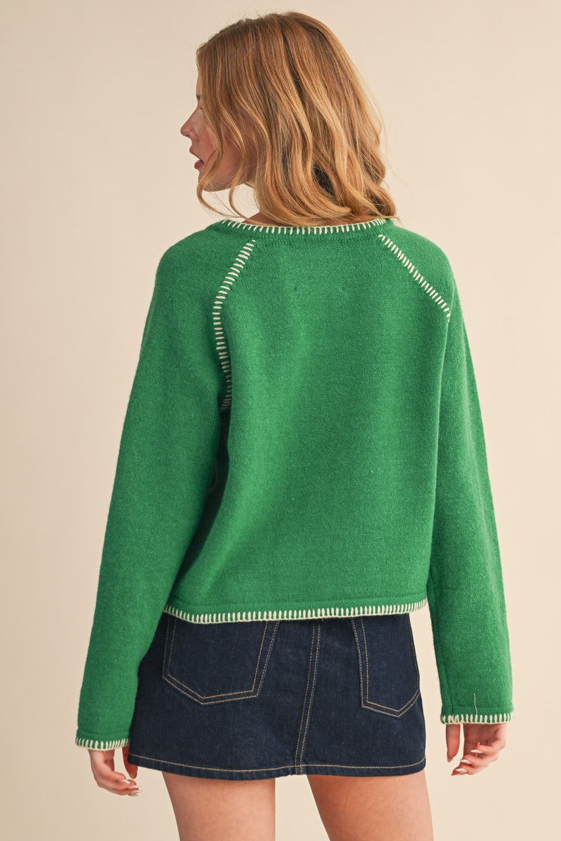 Ainsley Blanket Stitch Cardigan, Green Ivory