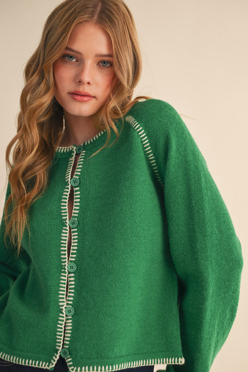 Ainsley Blanket Stitch Cardigan, Green Ivory