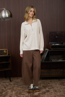 Ainsley Half Zip Collared Knit Top, Cream