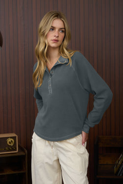 Ezra Half Snap Button Textured Top, Denim