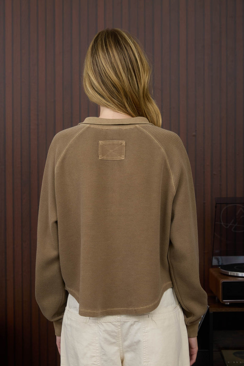 Ezra Half Snap Button Textured Top, Brown