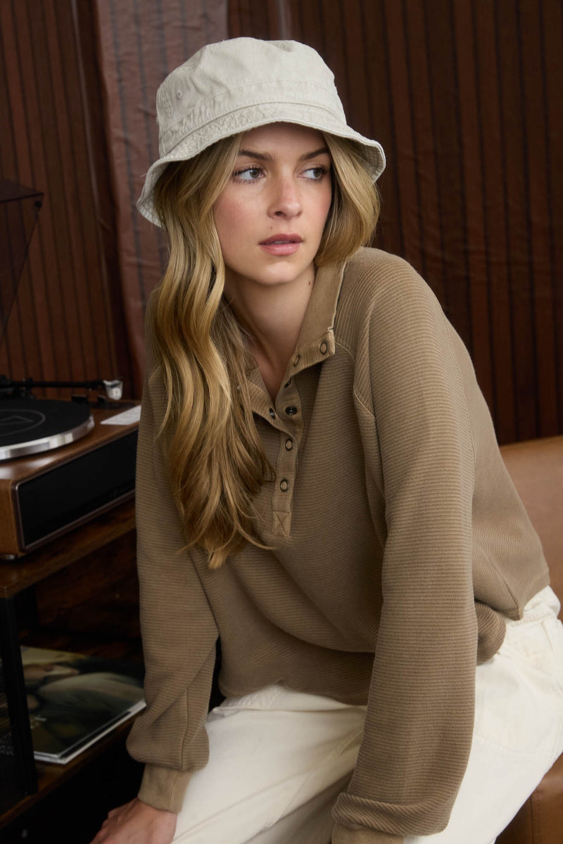 Ezra Half Snap Button Textured Top, Brown