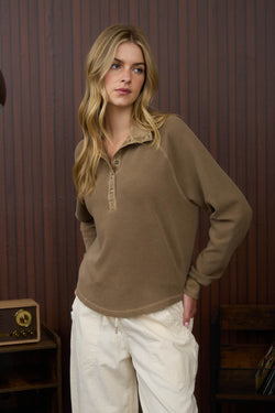 Ezra Half Snap Button Textured Top, Brown