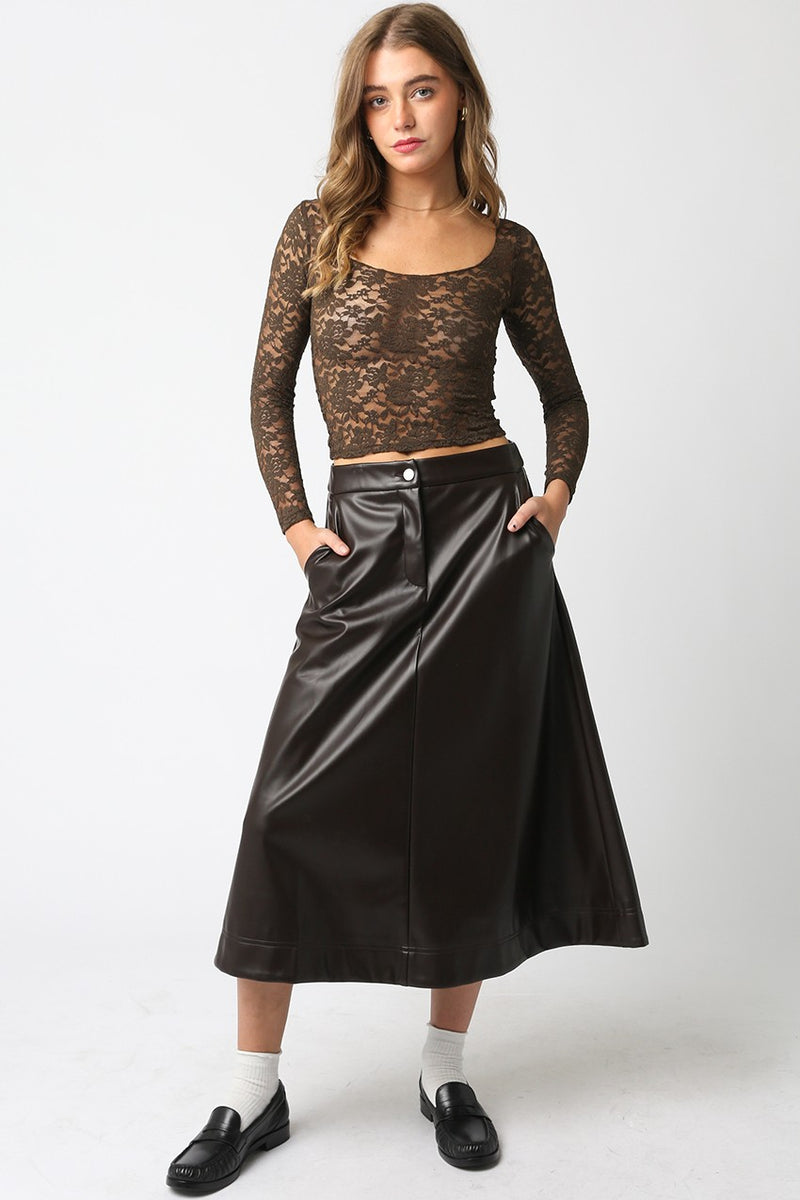 Carter Faux Leather Midi Skirt, Dark Chocolate