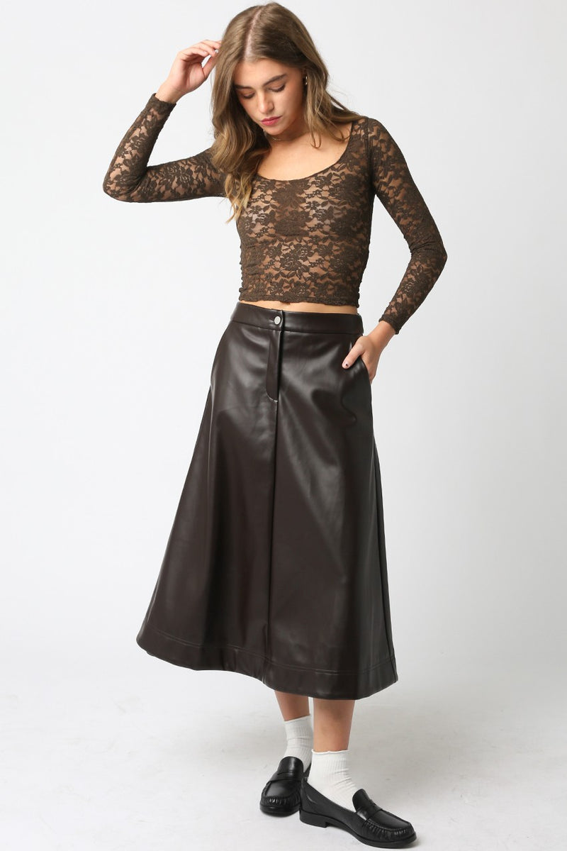 Carter Faux Leather Midi Skirt, Dark Chocolate