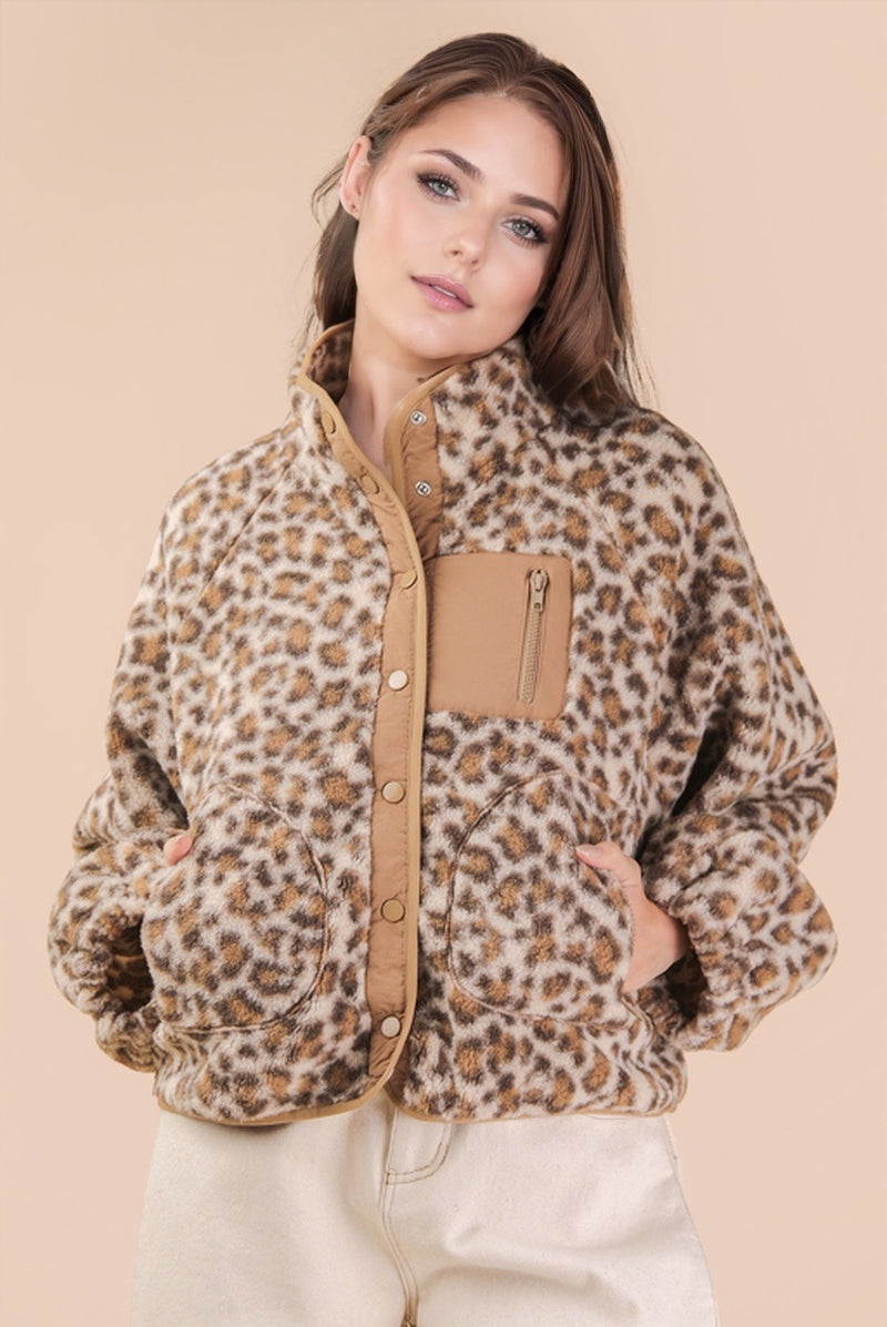 Cali Fleece Jacket, Cream Leopard